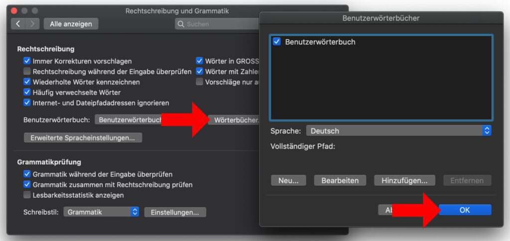 In den Word-Einstellungen unter macOS müsst ihr euch durch ein paar Fenster und Hinweise klicken, dann könnt ihr die Wörterbuch-Liste bearbeiten.