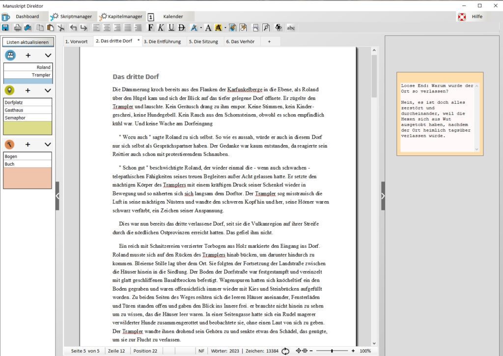 Mit den Tabs bzw. Registern in der SEITE 1 Autorensoftware können Kapitel einfach parallel bearbeitet werden. Dabei werden die jeweils verknüpften Inhalte links angezeigt. Zudem kann schnell zum Kalender und zu anderen Tools gesprungen werden. In den angekündigten App-Versionen soll es Möglichkeiten zum Plotten der Story und für Handlungsstränge geben.