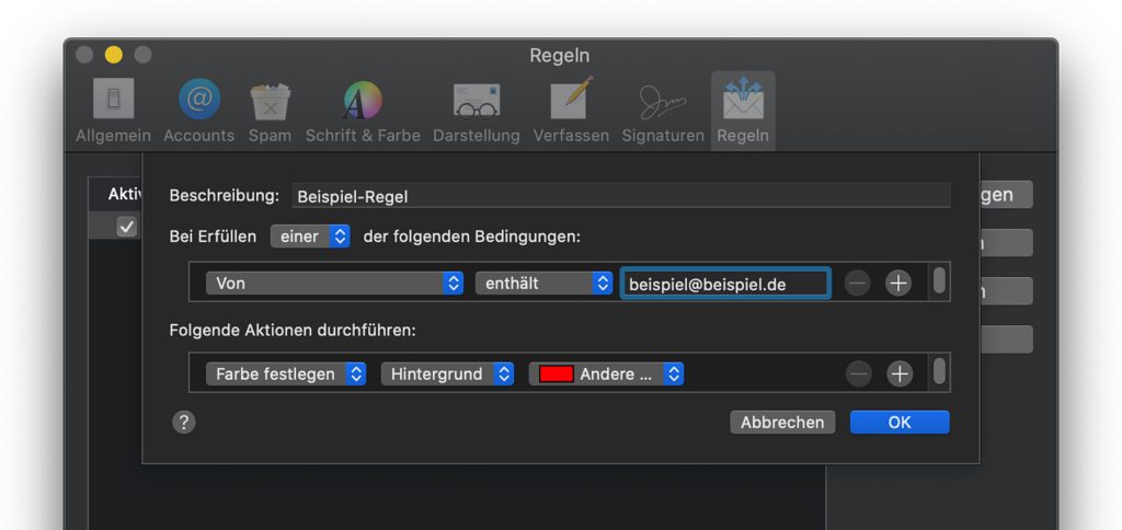 Mit einer Apple Mail Regel lässt sich festlegen, welche Farbe zum Hervorheben von bestimmten Nachrichten genutzt werden soll.