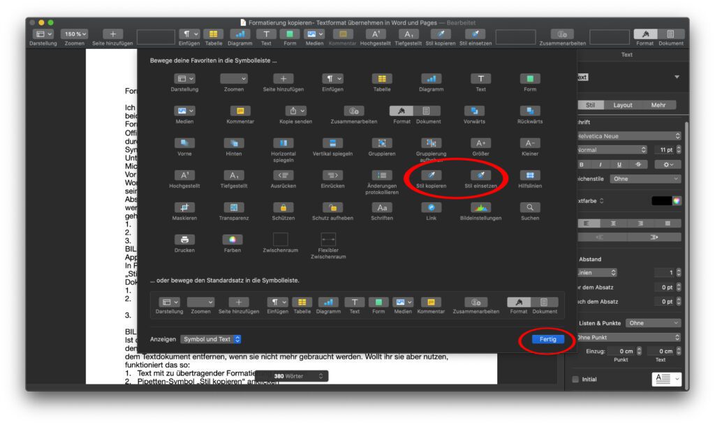 In Apple Pages am Mac den Textstil kopieren und einfügen, das geht am schnellsten über die Symbolleiste, wenn ihr die passenden Icons dahin gezogen habt. So sieht die entsprechende Übersicht aus.