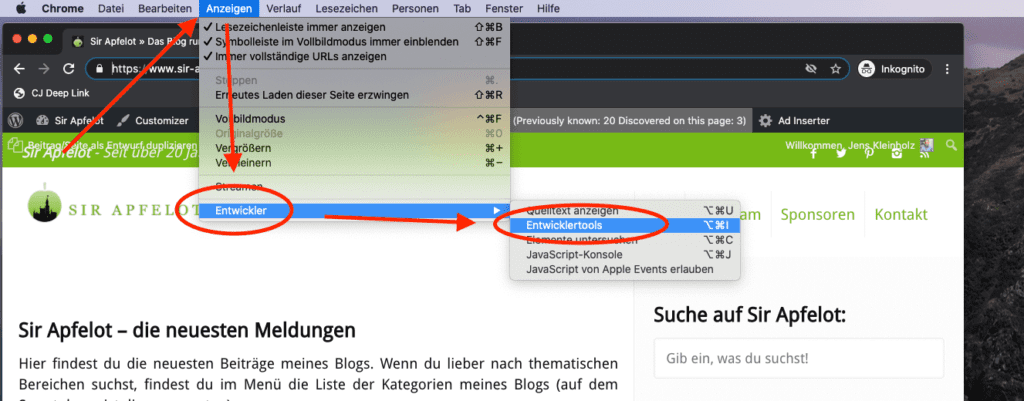 Über das Menü "Anzeigen" und "Entwickler" kommt man in Chrome zu den Entwicklertools.