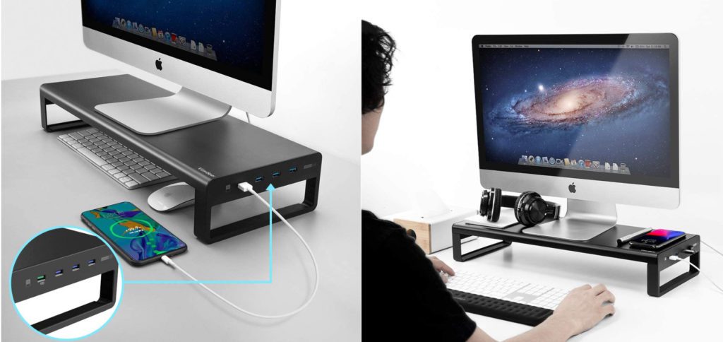 Eine Erhöhung für den iMac bzw. ein Monitorständer für Mac und PC bekommt ihr hier inklusive eingebautem USB-Hub sowie teilweise mit Qi-Ladefläche oder Klinke-Anschluss für Kopfhörer und Mikrofon. Ideal fürs Home Office. (Bilder: Vaydeer / Amazon)