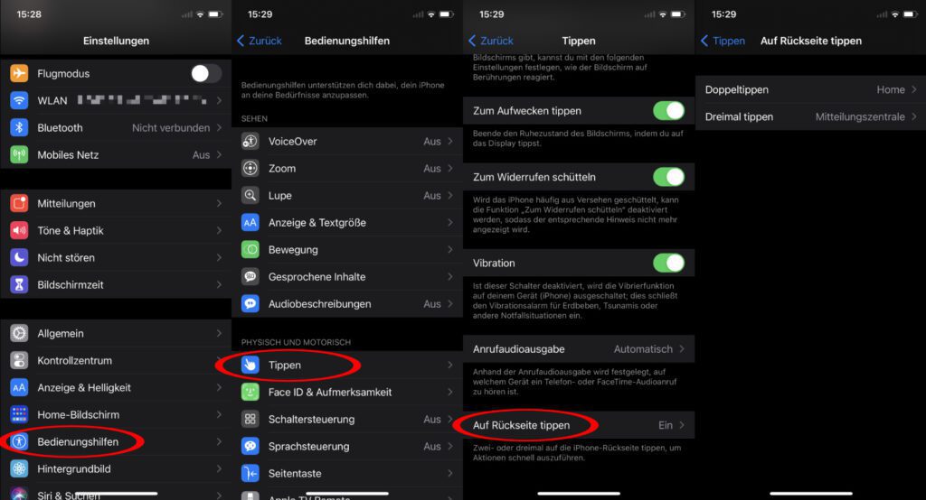 iPhone-Funktionen für die "Auf Rückseite tippen"-Funktion unter iOS 14 findet ihr über Einstellungen -> Bedienungshilfe -> Tippen -> Auf Rückseite tippen.