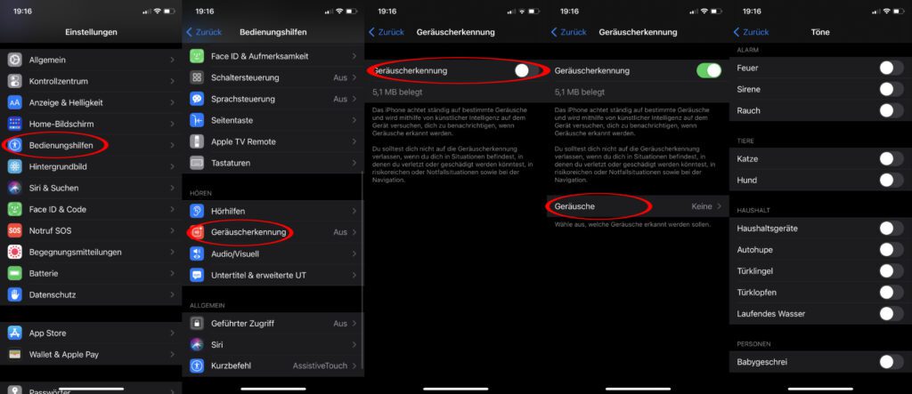 Zum Aktivieren der iPhone-Geräuscherkennung ab iOS 14 kommt ihr über Einstellungen > Bedienungshilfen > Geräuscherkennung. Welche Töne und Geräuschquellen ihr auswählen könnt, lest ihr weiter unten.