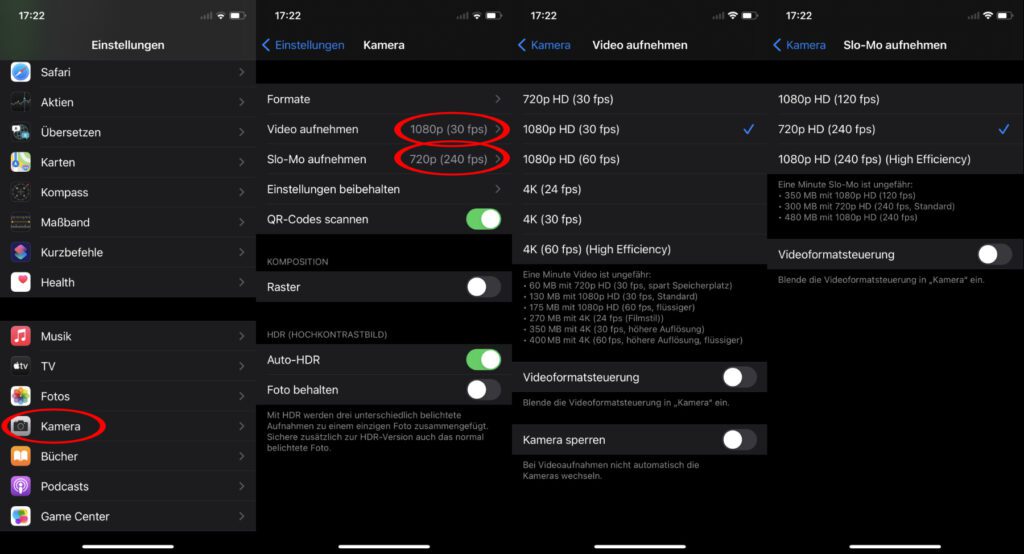 Wollt ihr in den Apple iPhone Einstellungen unter iOS 14 die Video-Auflösung und fps-Anzahl manuell festlegen, führt euch dieser Pfad dahin. Es lassen sich auch Auflösung und Framerate für Slo-Mo-Videos einstellen.