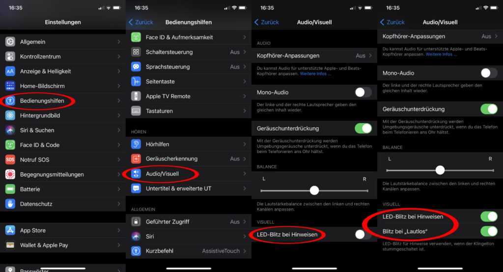 Die iPhone-Hilfe "LED-Blitz bei Hinweisen" findet ihr unter Einstellungen > Bedienungshilfen > Audio/Visuell. Damit könnt ihr euch Benachrichtigungen über den Kamera-Blitz des Apple-Smartphones melden lassen.