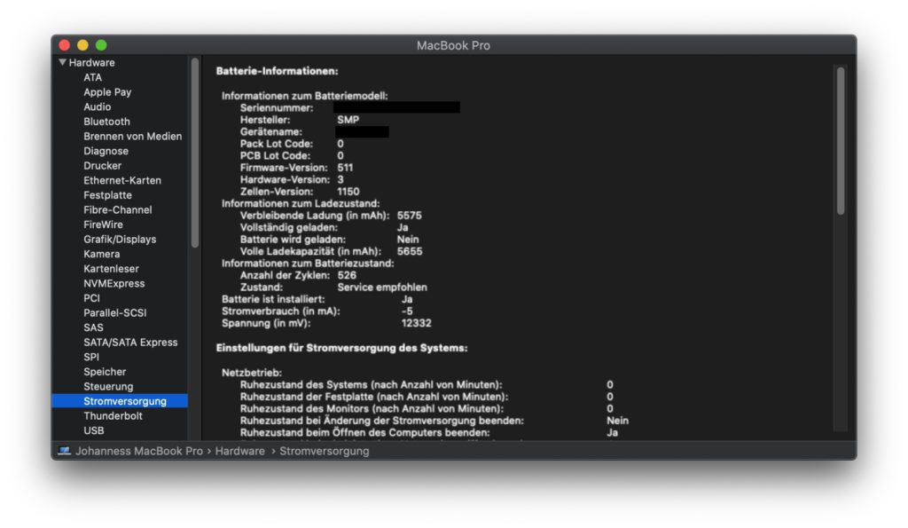Der Akku-Zustand meines Apple MacBook Pro von 2012.