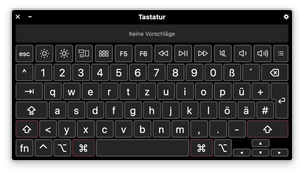 Die Tastaturübersicht von macOS. Die Befehlstaste und Shift sind rot umrandet, weil ich sie für den Screenshot gedrückt gehalten hatte.