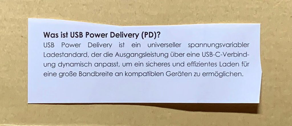 Aukey hat freundlicherweise in seiner Betriebsanleitung zum Netzteil beschrieben, was USB Power Delivery ist.