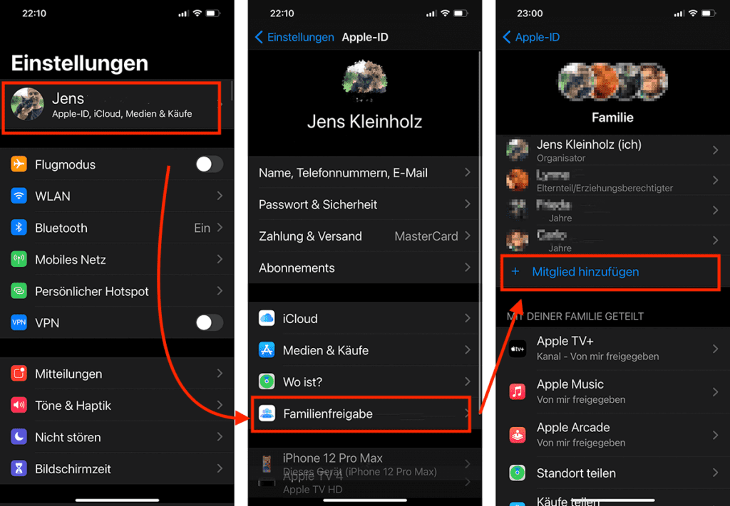 Wie man in der Familienfreigabe ein neues Mitglied hinzufügt, seht ihr anhand dieser drei Screenshots von meinem iPhone. Man kann die Familienfreigabe jedoch auch an jedem Mac verwalten.
