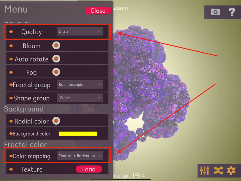 Die Optionen "Quality" und "Texture" sollten man ebenfalls ins Fractals 3D umstellen, damit man eine möglichst hohe Prozessorlast erzeugt.