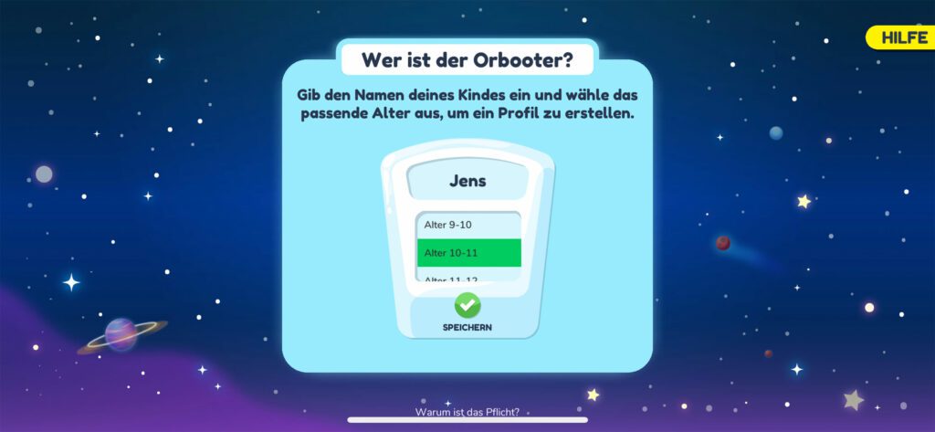 Durch die Angabe des Alters beim Profil des Kindes kann die App den Schwierigkeitsgrad der Aufgaben und Quizfragen anpassen.