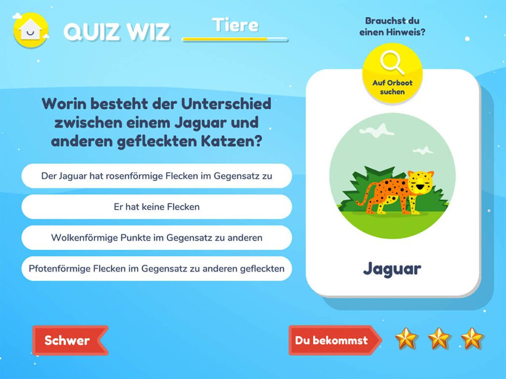 Die Fragen im Bereich Quiz WIz sind alle auf Informationen bezogen, die man über die AR-App beim Erkunden entdecken kann. Wenn man die Lösung nicht weiß, kann man "Auf Orboot suchen" wählen und findet dann in der App einen Hinweis, wenn man die entsprechende Stelle auf dem Globus gefunden hat.