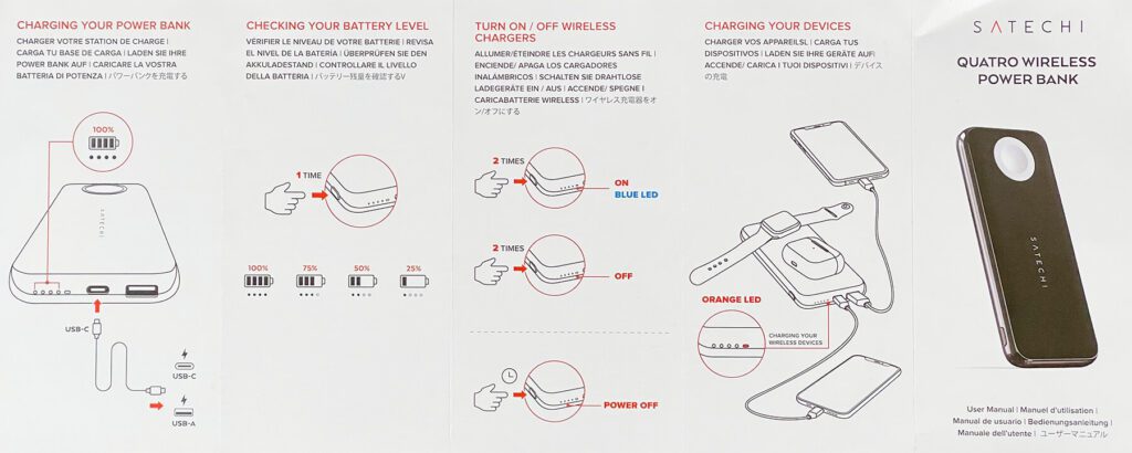 Die Betriebsanleitung zur Satechi Quatro Wireless Powerbank – kurz, gut bebildert und leicht verständlich.