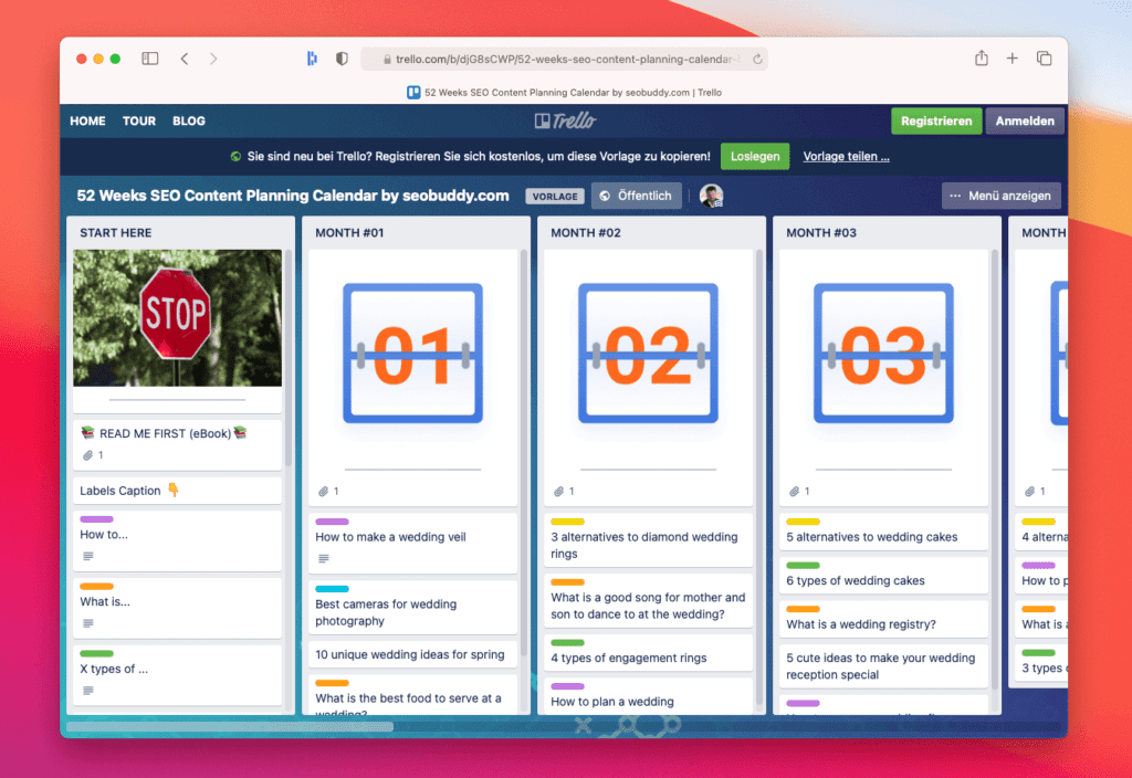 Das Trello-Board für die Jahresplanung ist bereits mit vielen Beispielen zum Thema "Hochzeit" gefüllt, damit man sieht, wie es aussehen könnte.