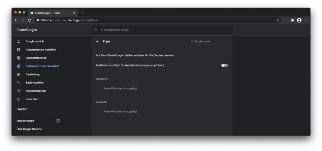 Flash-Inhalte blockieren – was Safari automatisch macht, könnt ihr in Chrome noch manuell einstellen.