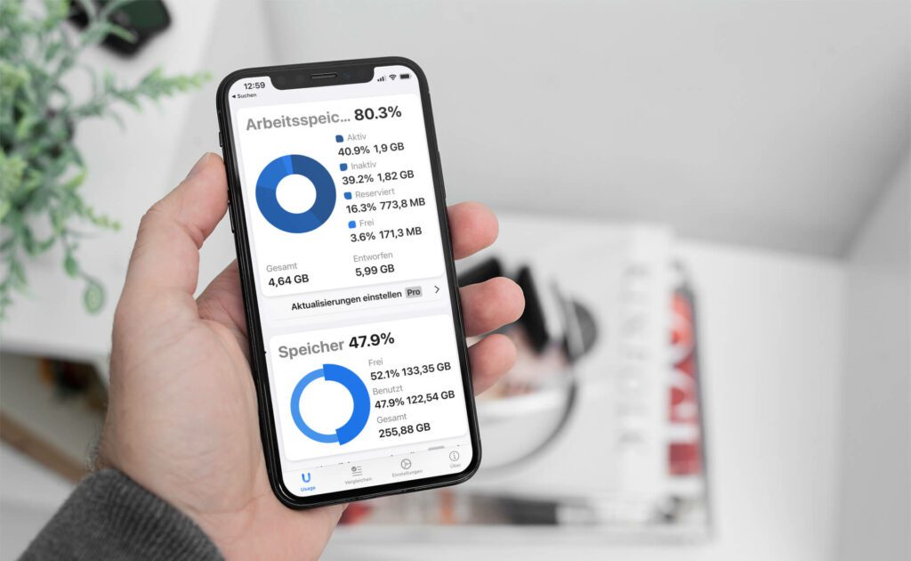 Mit der App "Usage sieht man auf einen Blick, wieviel Arbeitsspeicher im iPhone belegt, reserviert oder frei ist.