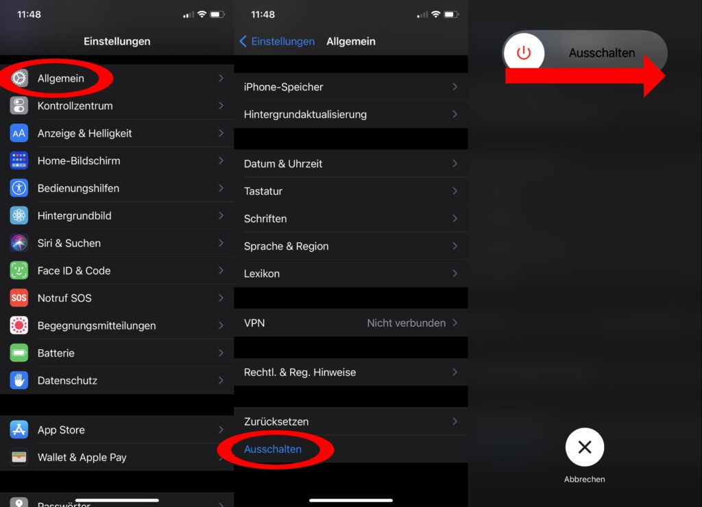iPhone 11 / Pro / Pro Max über die iOS-Einstellungen abschalten: Einstellungen -> Allgemein -> Ausschalten -> Schieberegler wischen. Apple Handy ausmachen Anleitung