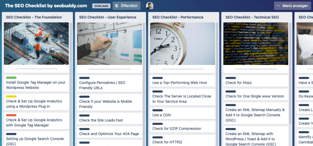 Mit dem Kauf der Checkliste bekommt man auch ein Trello-Board, das die einzelnen Punkte der Liste enthält. Das Google Sheet ist trotzdem mein Liebling.