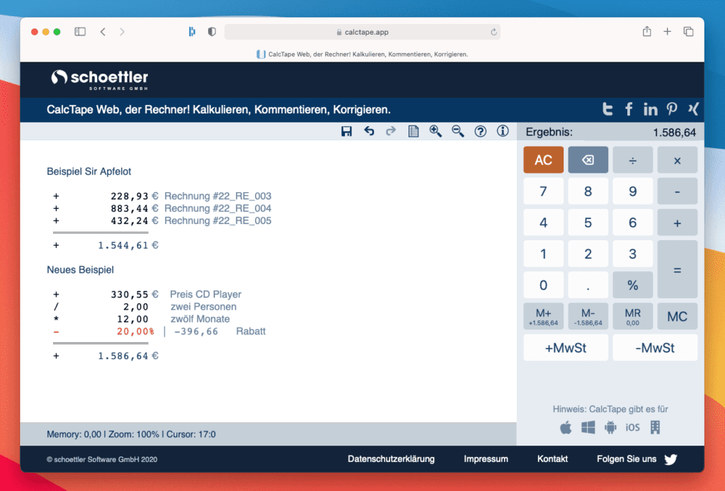 Nett: Die Funktionalität von CalcTape gibt es auch über eine Weboberfläche – komplett gratis.
