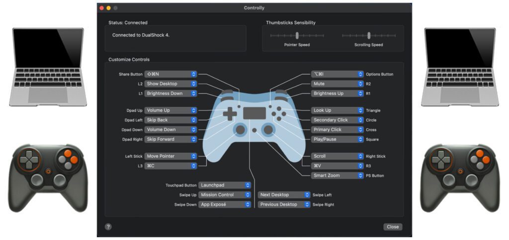 Mit der Controlly App für macOS 11.0 und neuer könnt ihr den Apple Mac mit einem Game-Controller steuern. So lassen sich System und Apps ohne Maus und Tastatur mit einem PS4- oder Xbox-Gamepad verwenden.