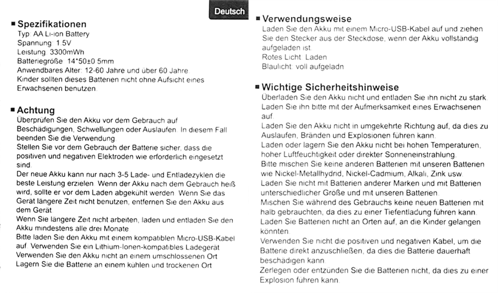 Auch wenn man sonst keine Anleitung liest: Bei Lithium-Akkus sollte man die Sicherheitshinweise beachten, da sie durchaus ein gewisses Zerstörungspotenzial haben.