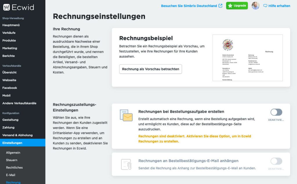 Mit einem bezahlten Account kann man über Ecwid auch direkt Rechnungen erstellen und versenden lassen.