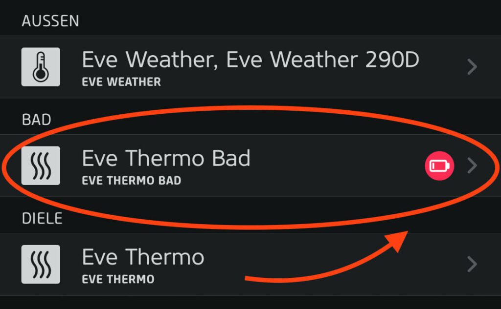 Trotz komplett frischem Akku meint die Eve-App, dass die Batterie leer wäre – das wollen wir ändern.