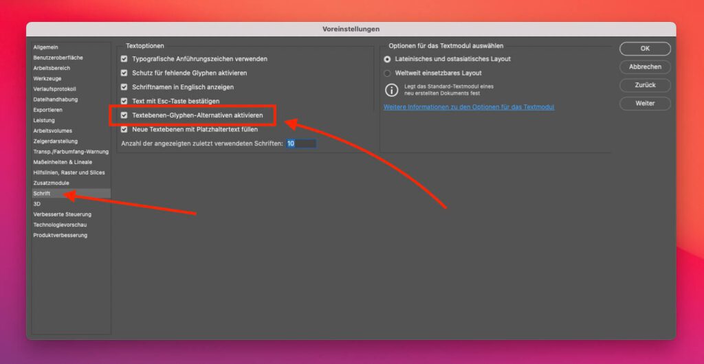 Über die Voreinstellungen und den Bereich "Schrift" lassen sich die Einblendungen der Glyphen bei Textebenen deaktivieren.