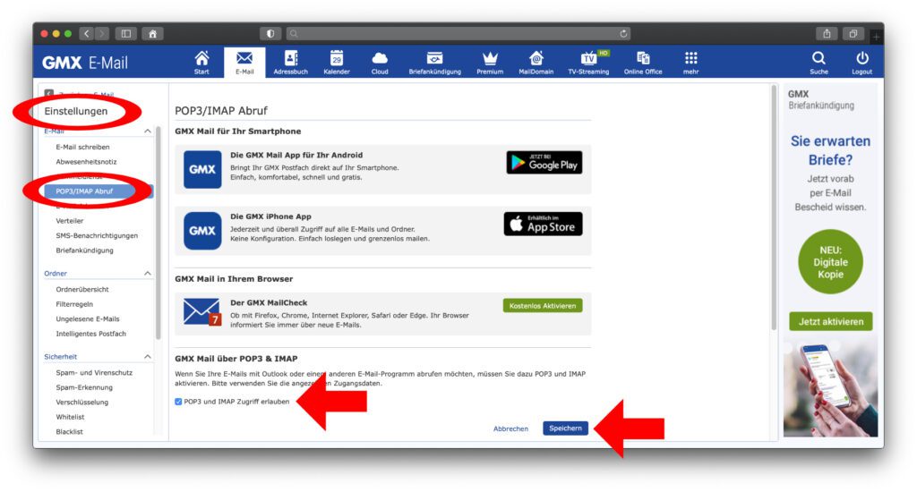 Funktioniert das Abrufen und Verschicken von E-Mails über die Mail App nicht, loggt euch auf der GMX-Webseite ein und erlaubt den Zugriff über IMAP / POP3. Weitere Screenshots und Tipps gibt's in der WEB.de-Anleitung.