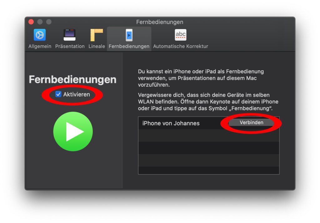 Als erstes müsst ihr am Apple Mac in Keynote die Verwendung von Fernbedienungen aktivieren. Nach dem Vorgehen am iPhone wird dieses in der Geräteliste angezeigt.