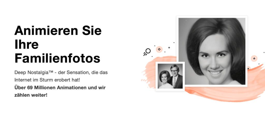 Ein Ausschnitt der MyHeritage-Webseite, auf der ihr neben dem Stammbaum-Angebot für die eigene Ahnenforschung auch die „Deep Nostalgia“-Technologie zum Animieren von alten Fotos findet.