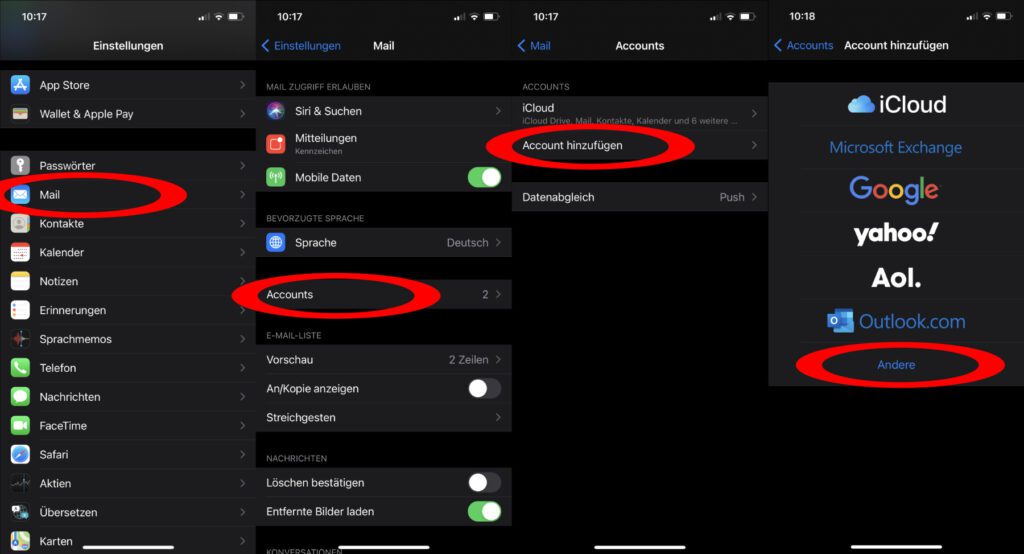 In den iOS-Einstellungen vom Apple iPhone wählt ihr "Mail", dann "Accounts", anschließend "Account hinzufügen" und dann "Andere".