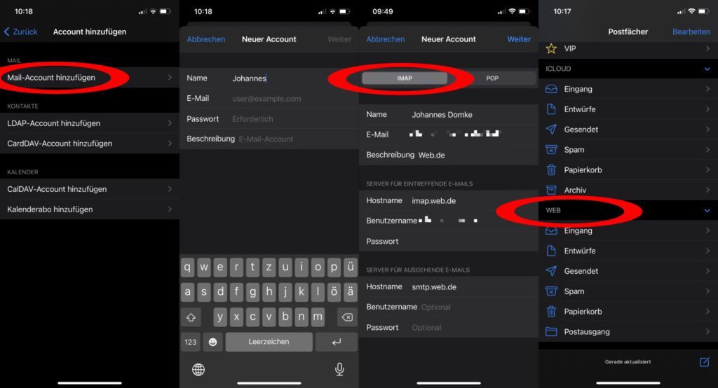 Nun könnt ihr einen Mail-Account hinzufügen, die nötgen Daten eingeben sowie IMAP oder POP3 aussuchen. Das letzte Bild zeigt den WEB-Account in der Mail App auf dem iPhone.