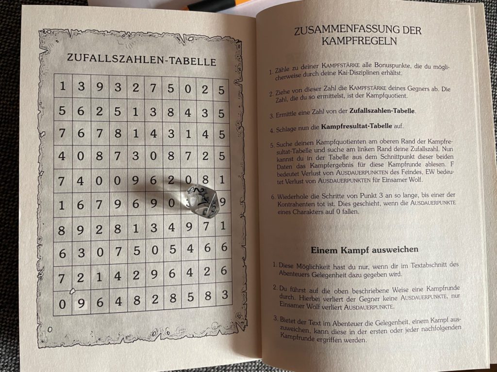 Für Zufallsentscheidungen oder für Kampfrunden benötigt ihr diese Tabelle. Ich finde es aber sinnvoll, sie durch einen W10 Würfel zu ersetzen. So müsst ihr auch nicht immer hin und her blättern.