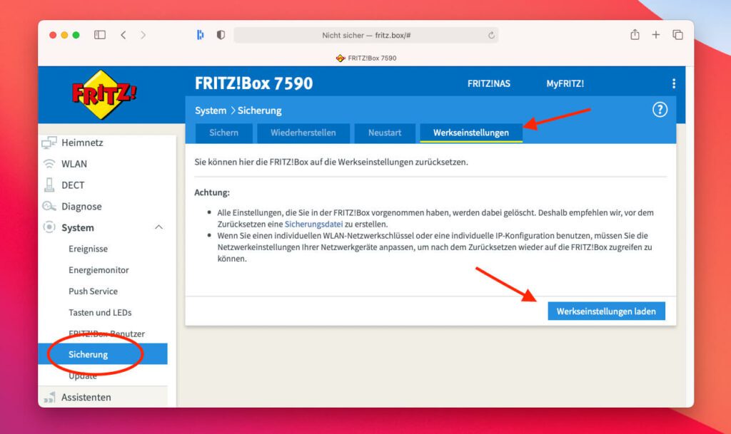 Die Funktion "Werkseinstellungen laden" entspricht quasi dem Reset der FritzBox.