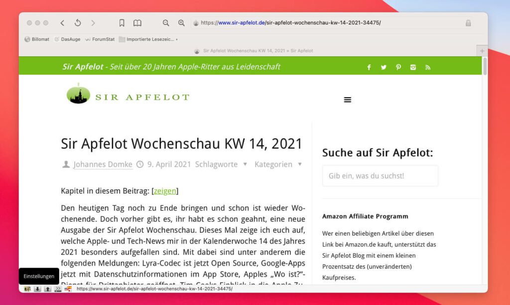 Mein Blog Sir Apfelot komplett werbefrei durch den Werbeblocker von iCab. Funktioniert technisch gut, aber wenn alle Besucher so auf meine Seite kämen, könnte ich das Blog vermutlich dicht machen, weil ich keine Einnahmen mehr hätte.