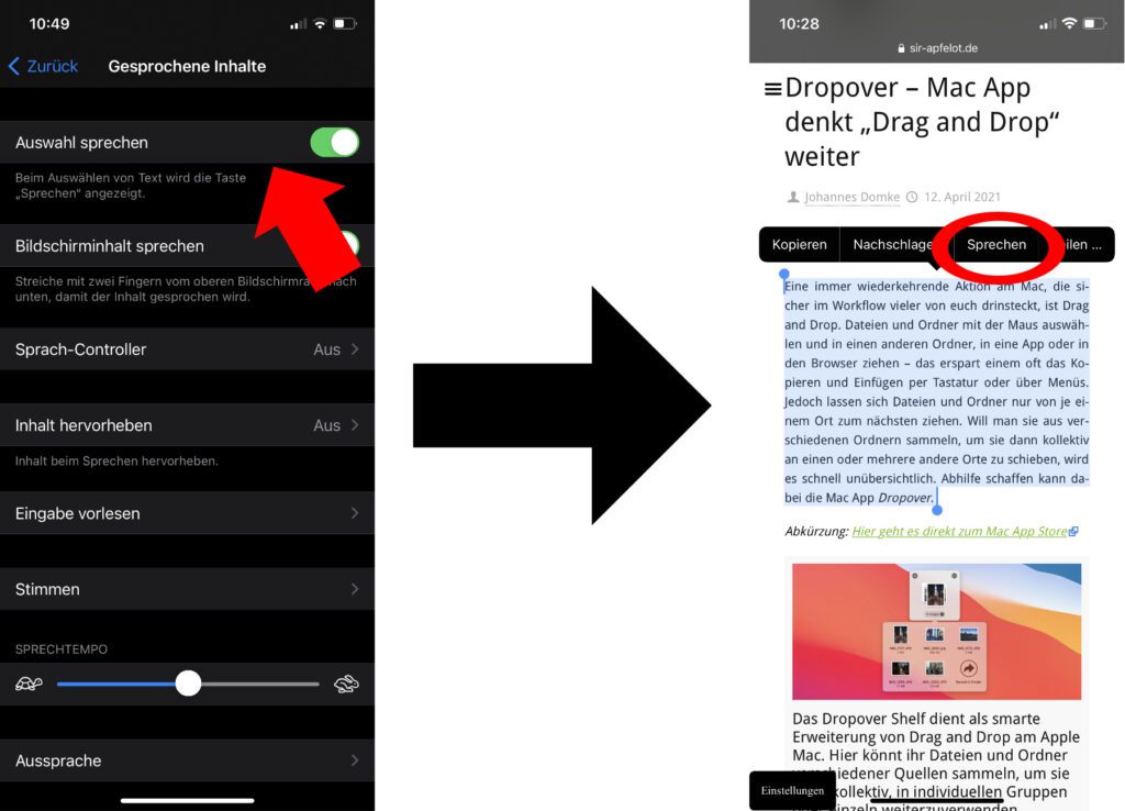 Auswahl sprechen – Wollt ihr markierten Text am iPhone als Audio ausgeben lassen, dann nutzt diese Funktion in den iOS-Einstellungen.