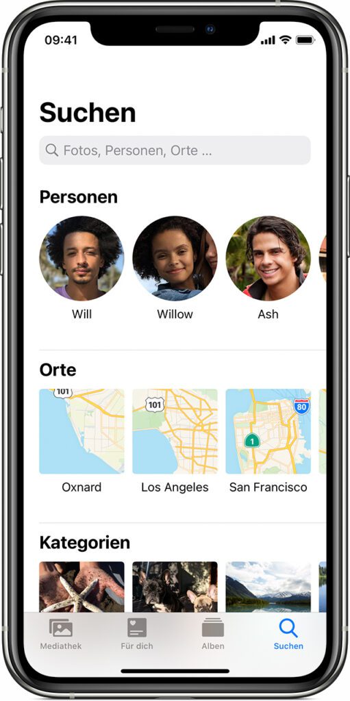 So kann es aussehen, wenn die Fotos-App auf dem iPhone die Fotos u. a. nach Orten sortiert und sie in entsprechende Alben einordnet. Quelle: Apple.com
