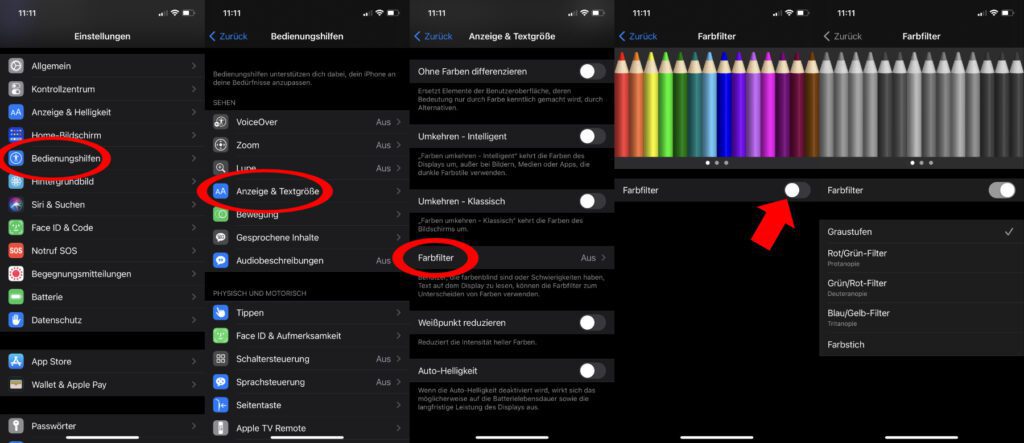 Anleitung zum iPhone-Farbfilter aktivieren. So könnt ihr Schritt für Schritt die Graustufen, den Farbstich bzw. die Display-Filter für Protanopie, Deuteranopie und Tritanopie einschalten.