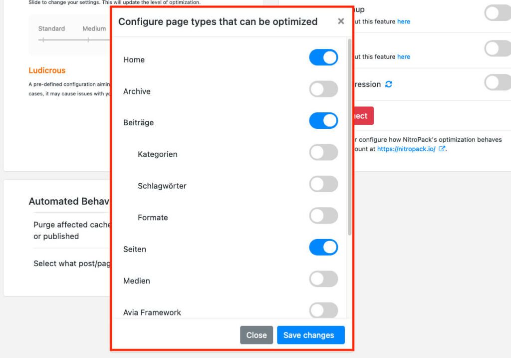 In den Einstellungen von NitroPack legt man fest, welche Seitentypen von NitroPack optimiert werden sollen.