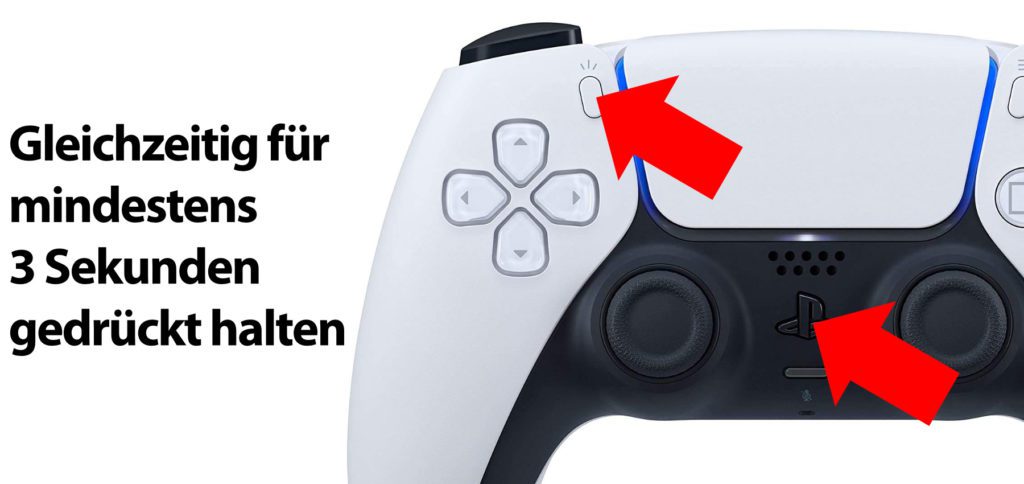 Zum Koppeln müsst ihr am PS5 DualSense Controller gleichzeitig für einige Sekunden den Share- und den PS-Button gedrückt halten.