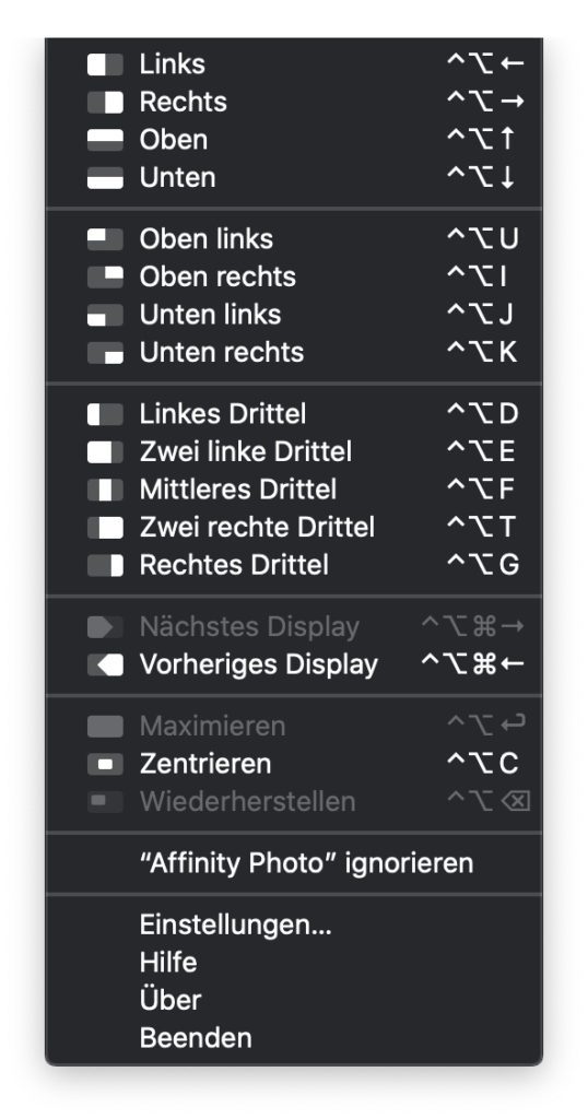 Klickt ihr auf das Magnet-Symbol in der macOS-Menüleiste, dann bekommt ihr diese Dropdown-Auswahl präsentiert.