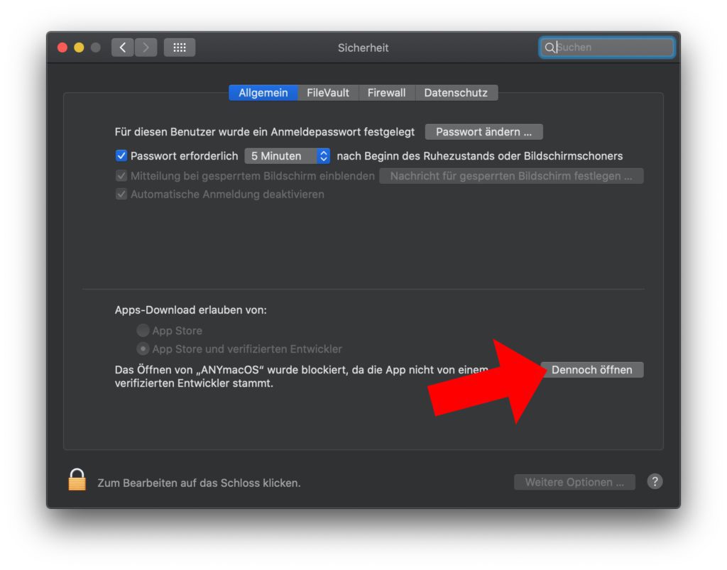 Nach dem ANYmacOS Download und der Installation gibt es (eventuell) ein paar Hürden. Besucht nach dem ersten Start das Sicherheitsmenü, um das Öffnen der App zuzulassen.
