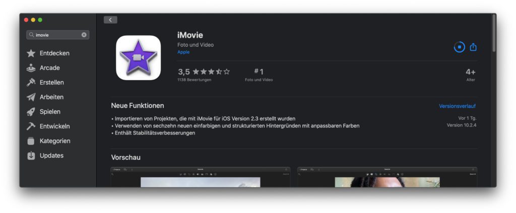 Das Update von iMovie auf die Version 10.2.4 findet ihr u. a. im Mac App Store unter macOS (Catalina und Big Sur).