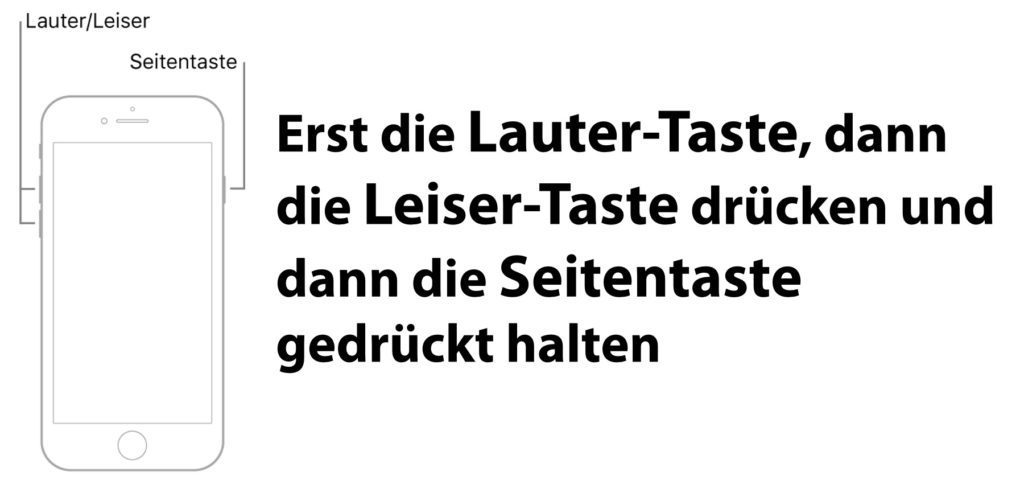 Für den Apple iPhone SE 2 Hard Reset müsst ihr kurz die Lauter-, dann kurz die Leiser-Taste drücken. Anschließend die Seitentaste gedrückt halten. So klappt das iPhone SE 2 Neustart erzwingen.