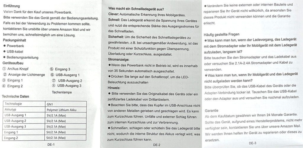 Die Bedienungsanleitung der Jiga Powerbank – hier auf deutsch und in erstaunlich schlechter Qualität (von mir). 