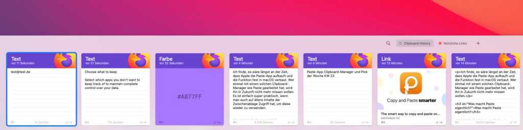 Aktiviert man die Paste-Pinwand mit den letzten Einträgen, sieht man am unteren Bildschirmrand die entsprechenden Inhalte in Kacheln.