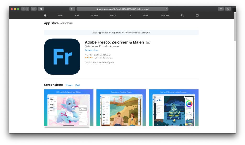 Adobe Fresco: Zeichnen & Malen – Das Adobe-Angebot, das speziell für iPad und Apple Pencil gemacht ist. Die Grundfunktionen lassen sich gratis testen.