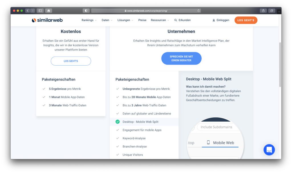 Ihr könnt SimilarWeb kostenlos sowie ohne Anmeldung nutzen oder einen Gratis-Account anlegen. Für eurer Unternehmen gibt es die Möglichkeit, mehr Leistung für einen individuellen Preis heraus zu holen. 